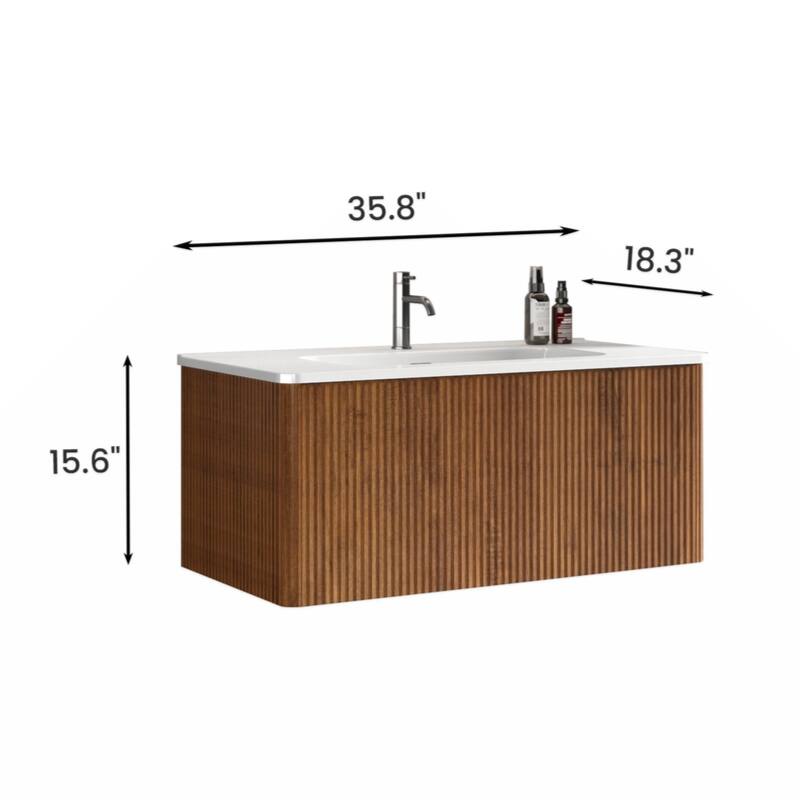 36" Striped Walnut Bathroom Vanity with White Ceramic Sink, Wall Mounted Floating Bathroom Vanity for Modern Bathroom