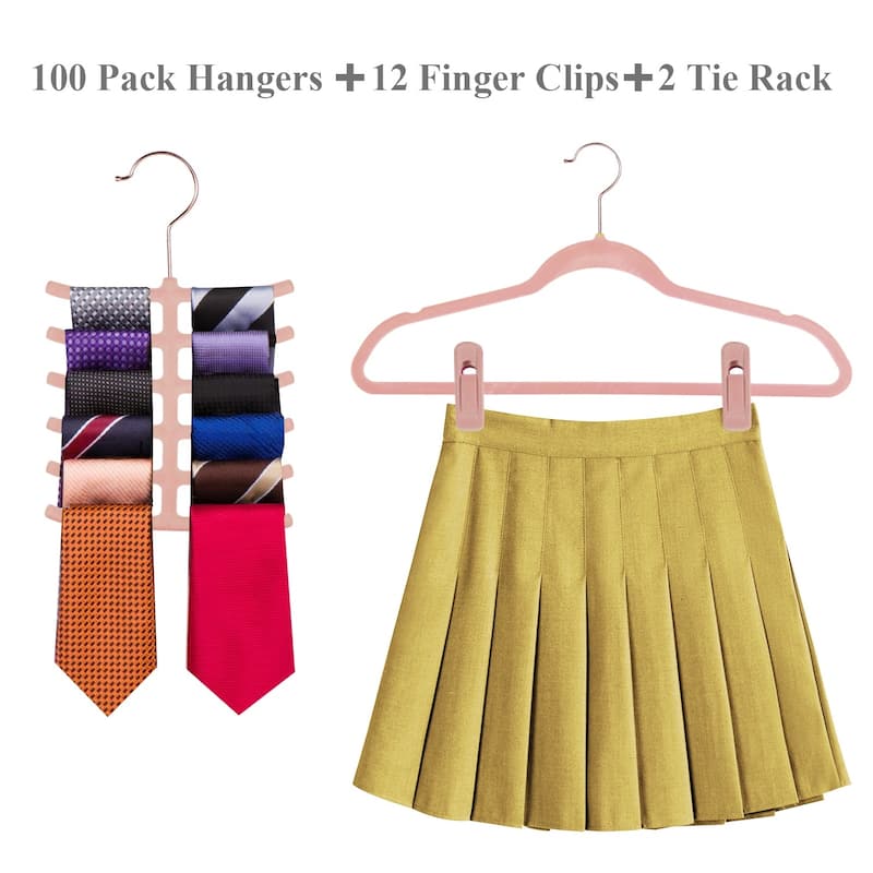 Javlergo 50/100 Pack Velvet Hangers, Heavy Duty Non Slip & Space-Saving Cloth Hangers with 6 Finger Clips & Tie Rack