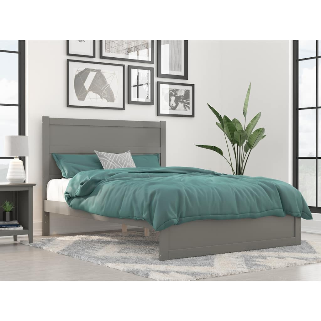 Modern Platform Bed with Footboard - Grey Wood Slat Support & Charging Station
