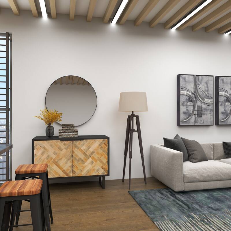 Black Wood Tripod Room Floor Lamp with Cream Linen Shade