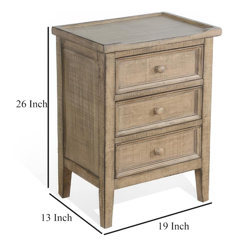 Rena Side End Table | 3 Drawers with Round Knobs | 19" Distressed Pebble Brown Mahogany Wood