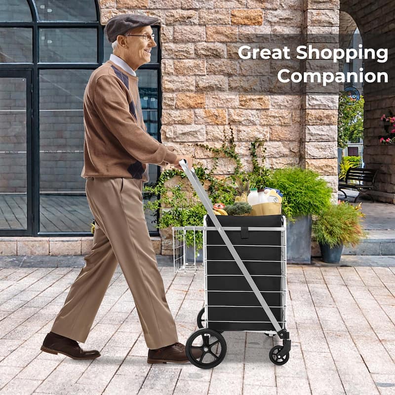Gymax Folding Shopping Cart Jumbo Upgraded Utility Grocery Cart w/
