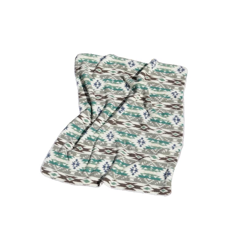 HomeRoots 50" X 60" Ivory Gray And Green Faux Sherpa Southwestern Throw Blanket