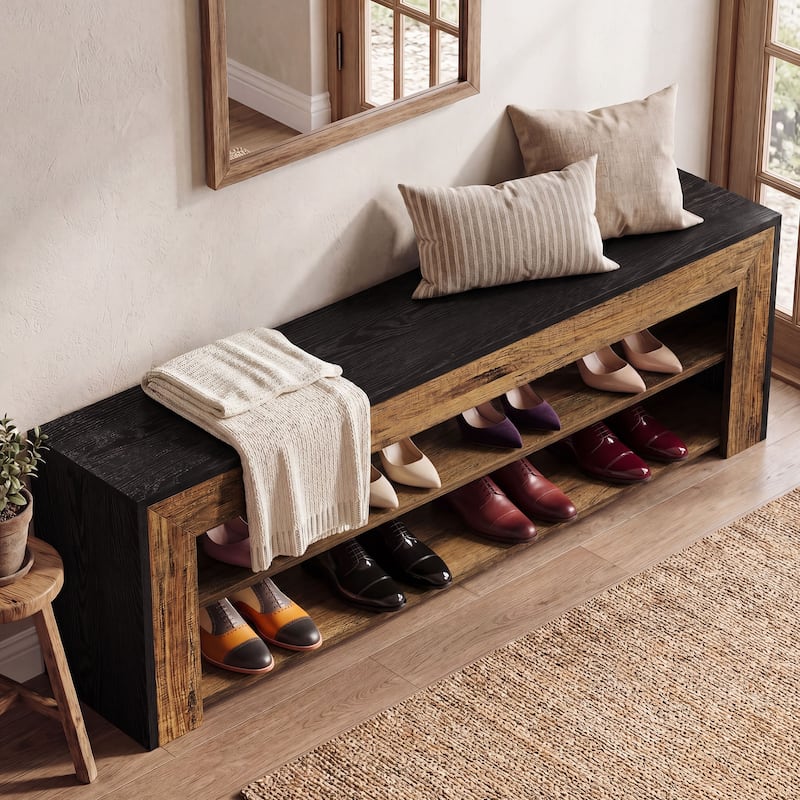63" Entryway Bench with Shoe Storage, Wooden 3-tier Shoe Rack Bench