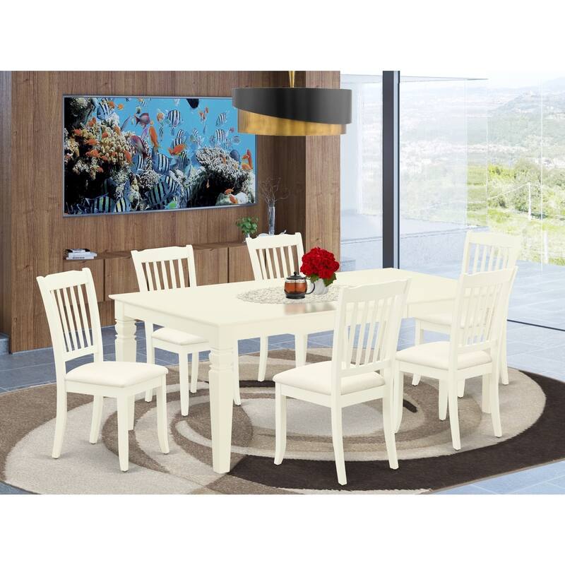 Modern 7Pc Dinette Set - Rectangular Table with Leaf & 6 Linen Chairs - White Finish - 84