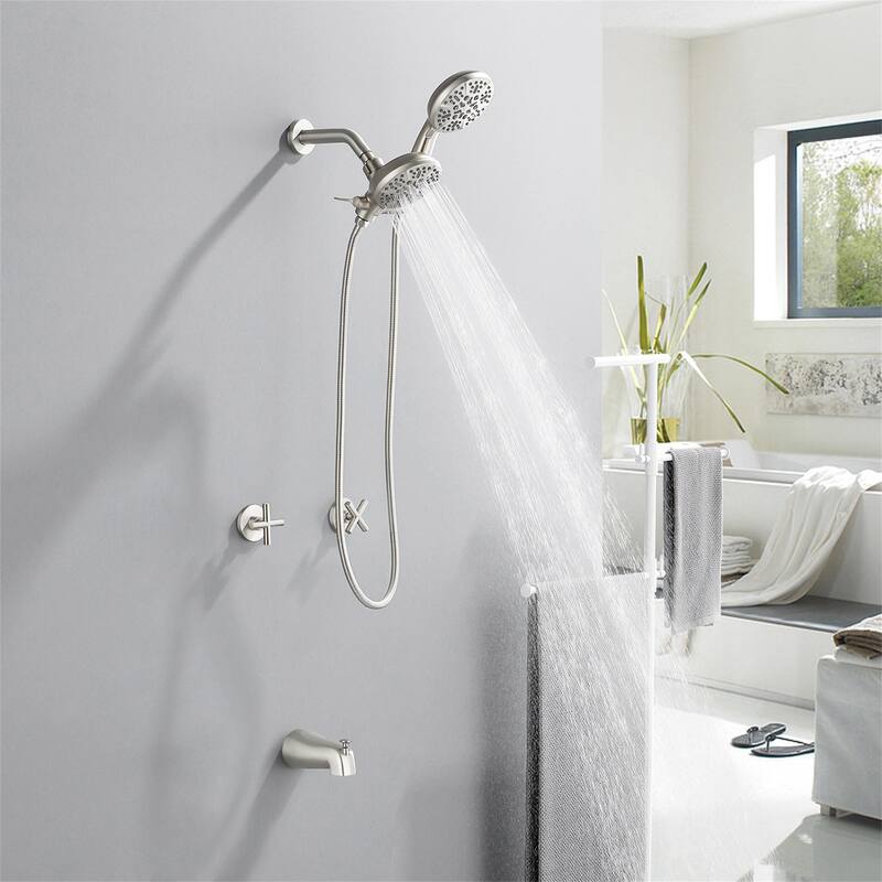Wall Mount Tub and Shower Faucet with Hand Shower Brass Dual Head Complete Wall Mounted Shower System with Valve