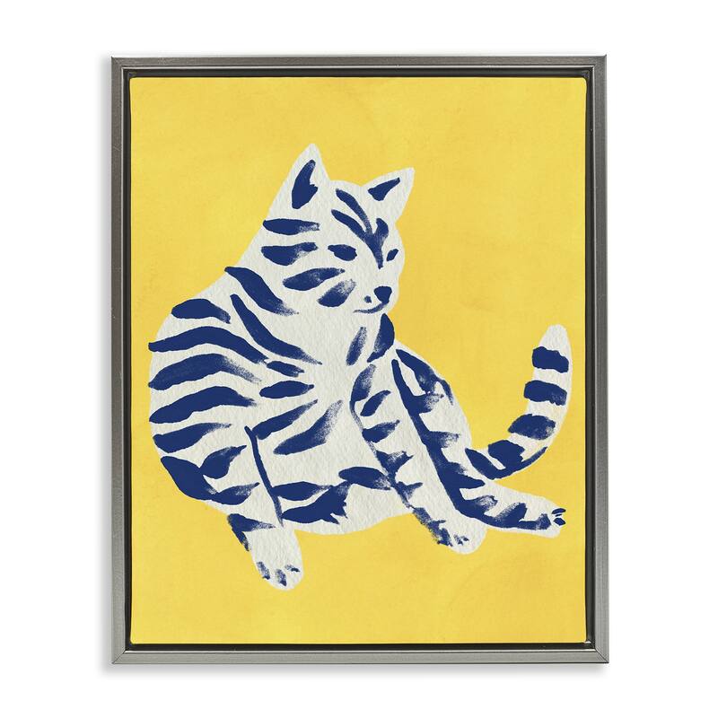 Stupell Unique Bright Cat on Yellow Framed Floater Canvas Wall Art Design By June Erica Vess - 25 x 31 - Grey