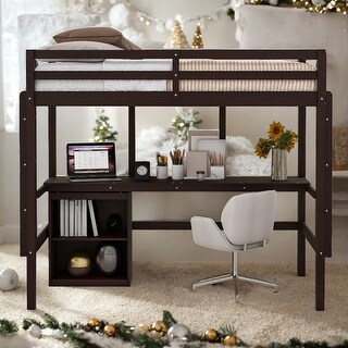 Impression Full size Loft Bed with Desk, Writing Board and 2 Drawers Cabinet, Sturdy construction & Unique design, Espresso