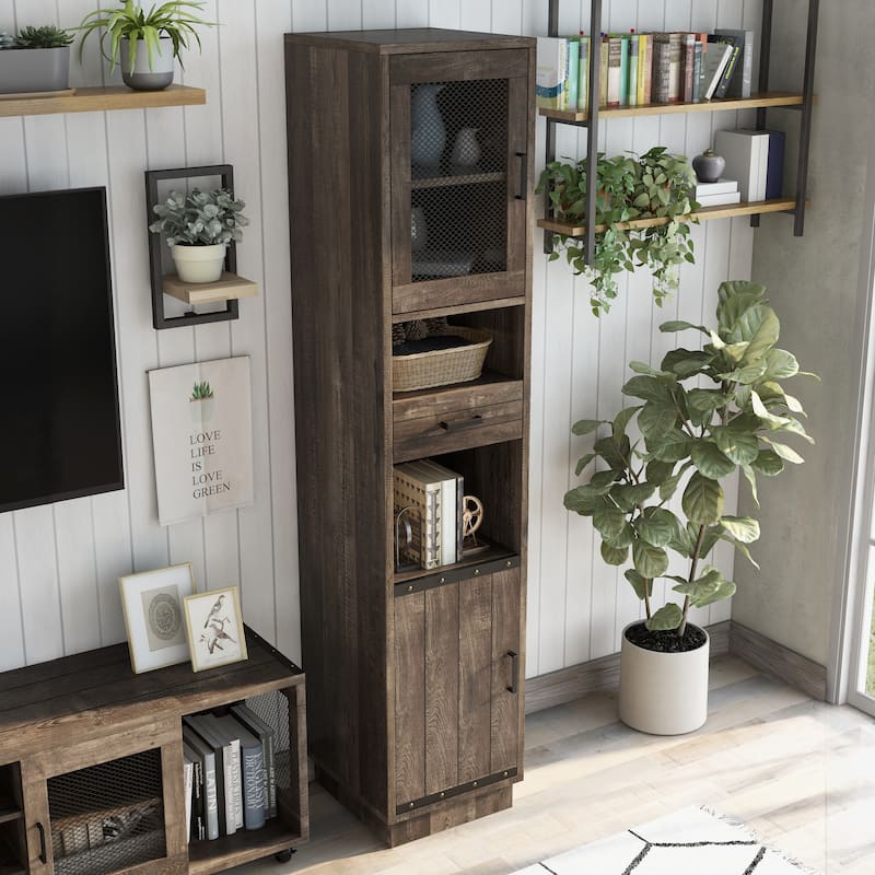 Hury Farmhouse Walnut Multi-Storage TV Tower by Furniture of America