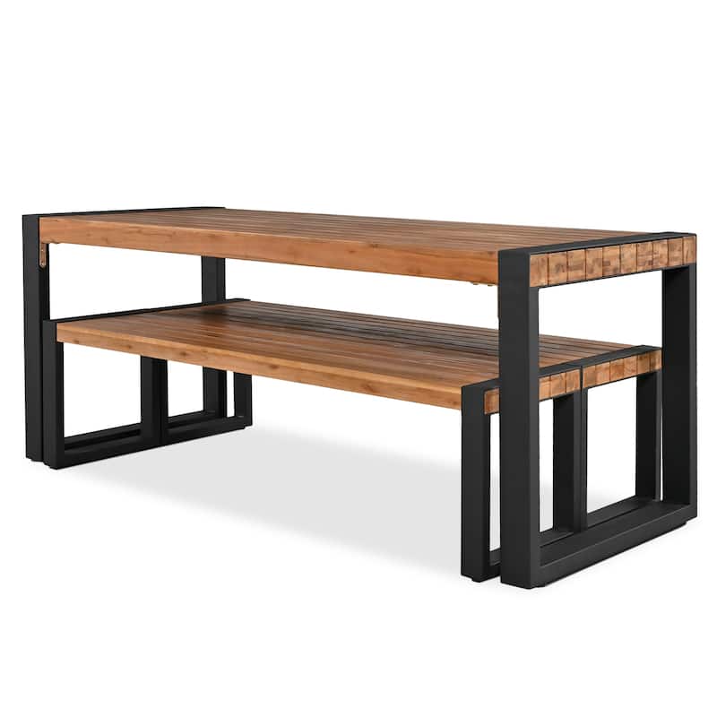 Roomfitters 3-Piece Outdoor Dining Set with Rectangular Table and 2 Benches, Industrial Patio Picnic Furniture, Acacia Wood