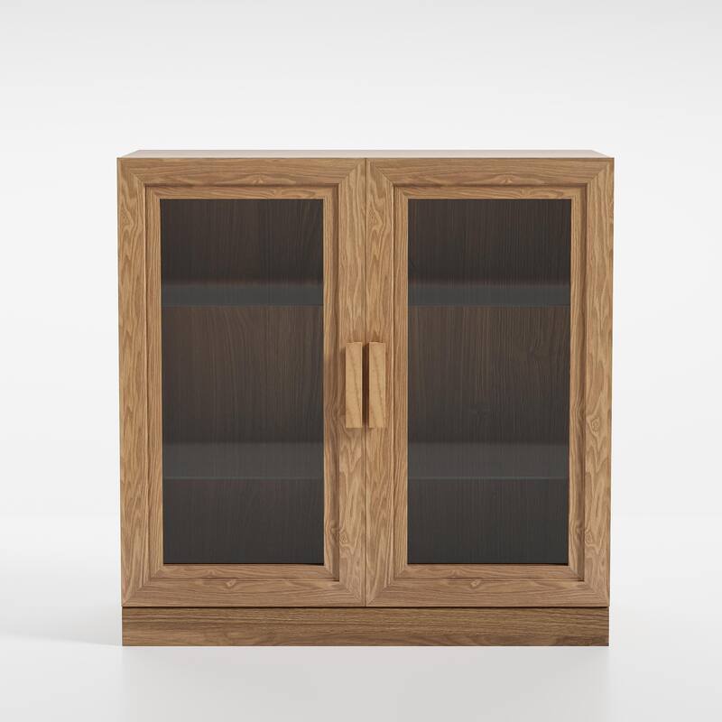 Wood Bookshelf Storage Cabinet with 2 Glass Door and Adjustable Shelf for Kitchen Bedroom Entryway Living Room Dinning Room - 31" x 31" x 16" - Natural