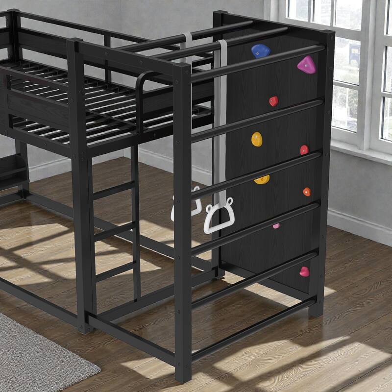 Kids Metal Loft Bed with Slide, Basketball Hoop, Climbing Wall, Pull-Up Rings and Bookshelves