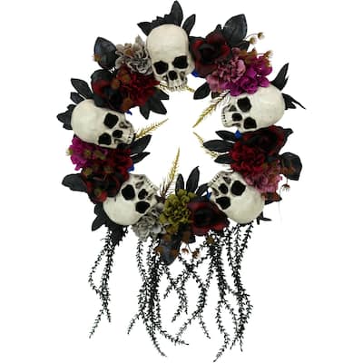 Haunted Hill Farm 1.8-ft. Halloween Dark Multi-Color Wreath with Skulls, Indoor/Covered Outdoor Halloween Decoration