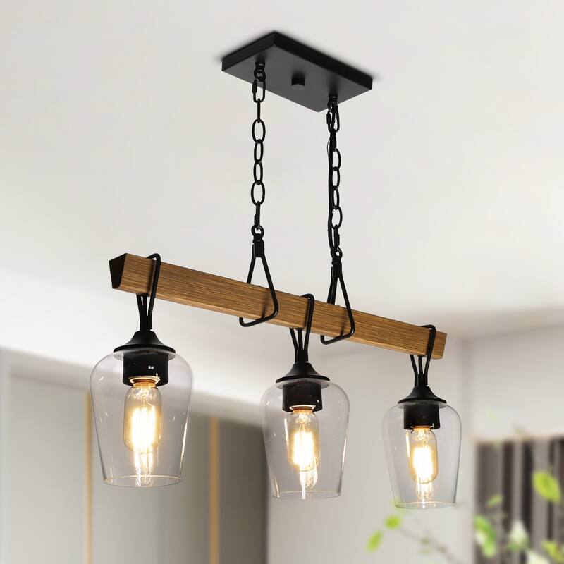 Zarbel Modern Farmhouse Glass Linear Chandelier Rustic 3-Light Black Metal Small Kitchen Island Lights - L25"x W 5"x H 76"