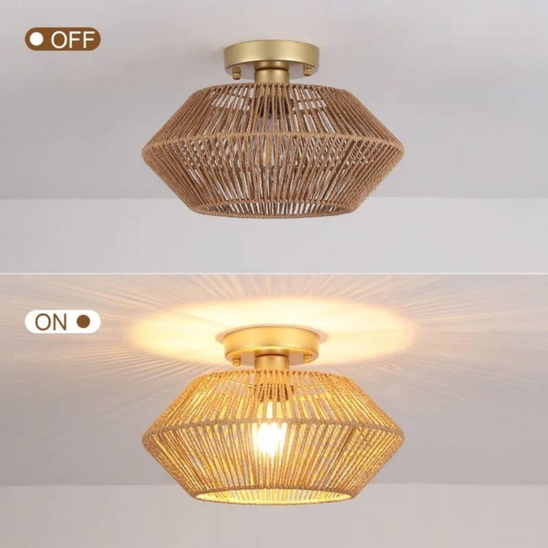 1-Light Farmhouse Style Classic Semi Flush Mount Chandelier, Hand-Woven Semi-Flush Mount Ceiling Light with Drum Shade