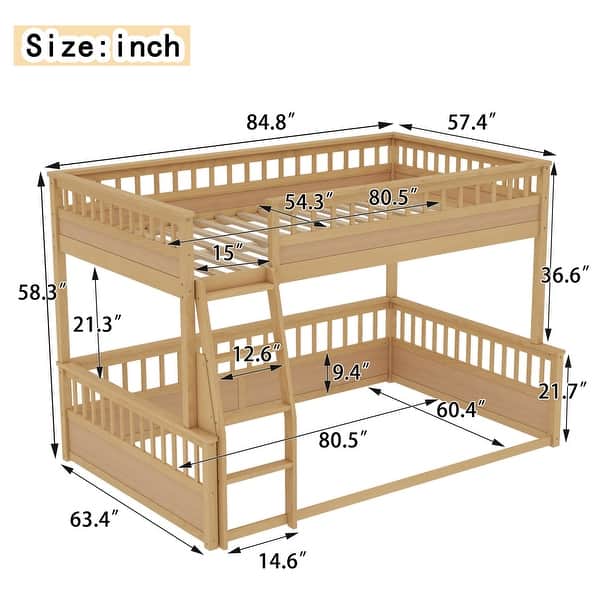 dimension image slide 0 of 2, Full XL over Queen Bunk Bed with Ladder and Guardrails, Solid Pine Wood Frame