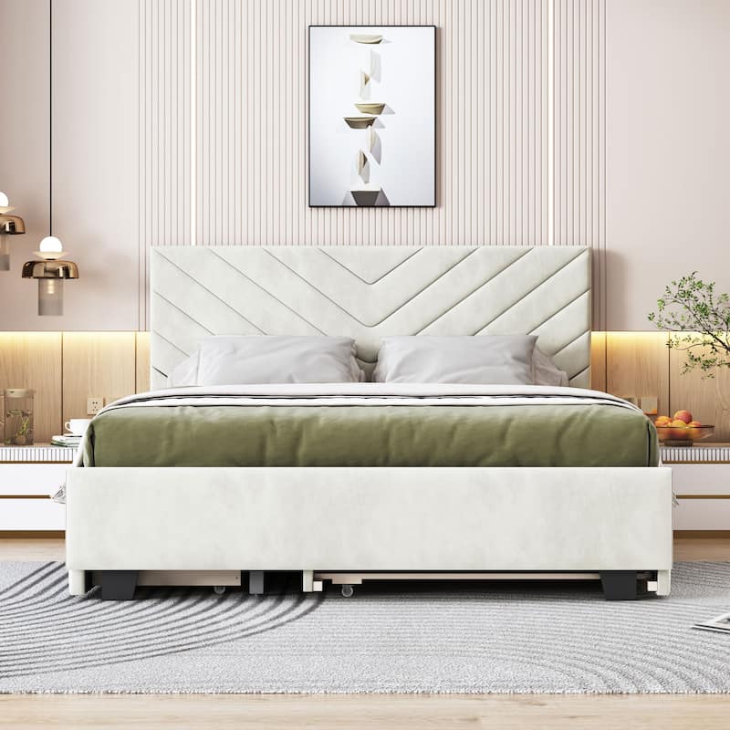 Queen Size Upholstered Platform Bed with Twill Headboard - Beige-Flannel