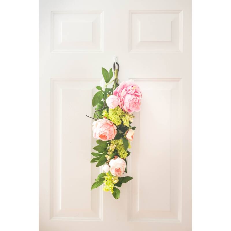 24" Peony and Hydrangea Artificial Spring Teardrop Swag, Unlit