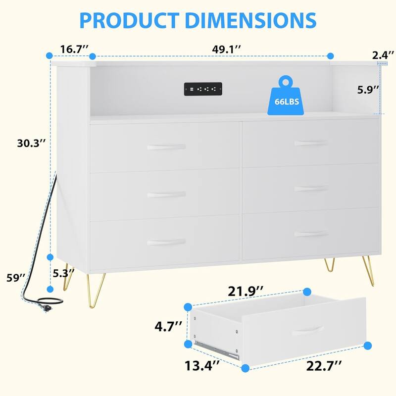 Dresser with LED Light for Bedroom 6 Drawer