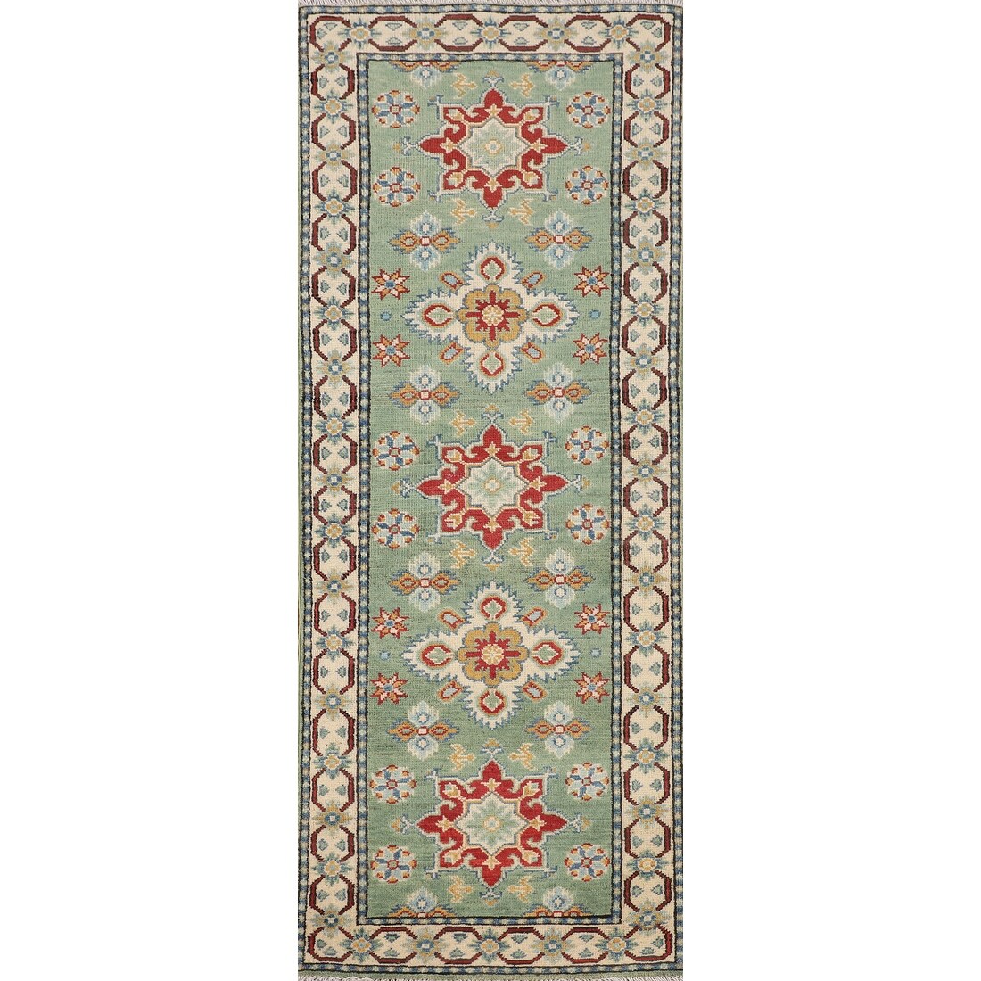 Traditional Green Geometric Kazak Runner Rug Handmade Wool Carpet - 2'1" x 6'2"