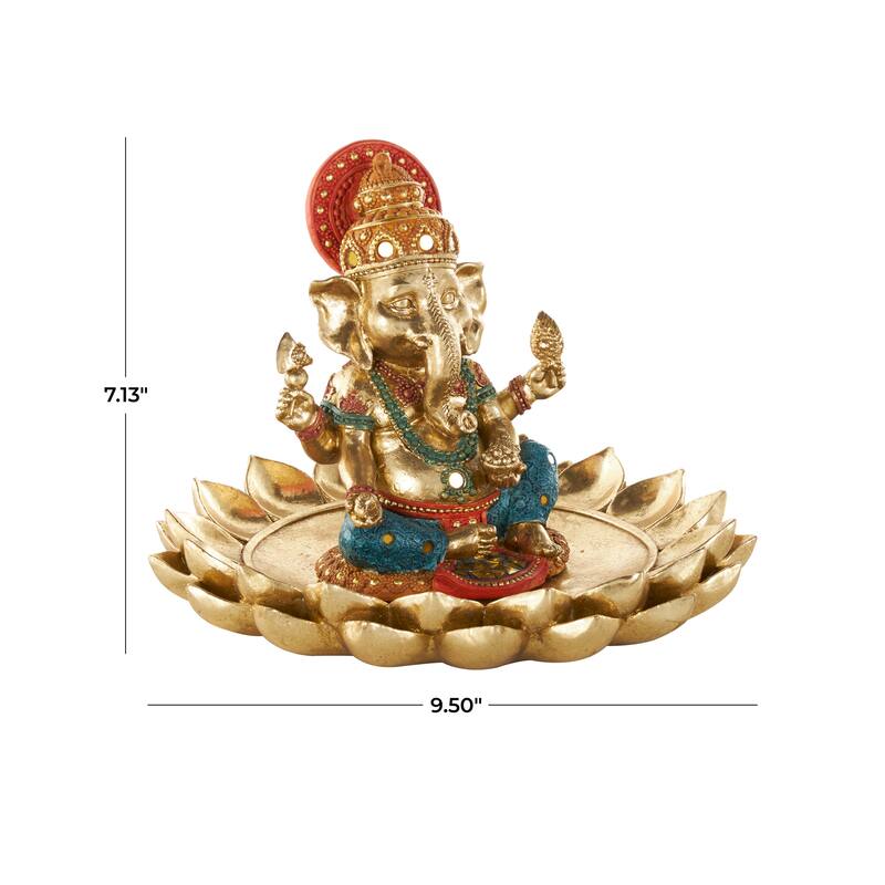 Gold Resin Ganesh Decorative Sculpture with Lotus Plate and Colorful Dresswear