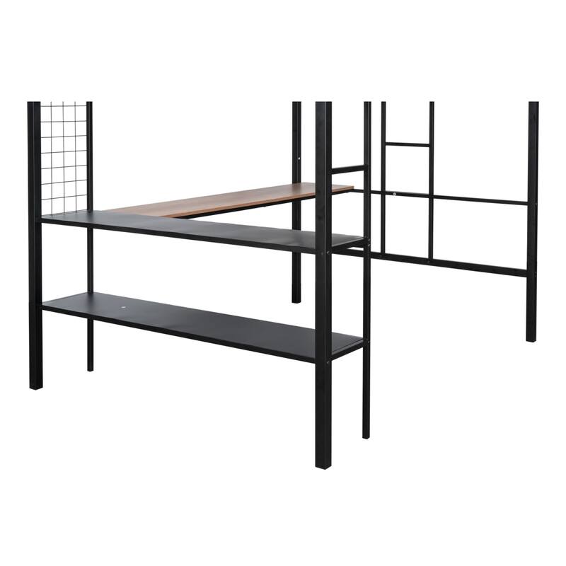 Black Full Size Metal Loft Bed with Desk, Shelves, and Guardrail