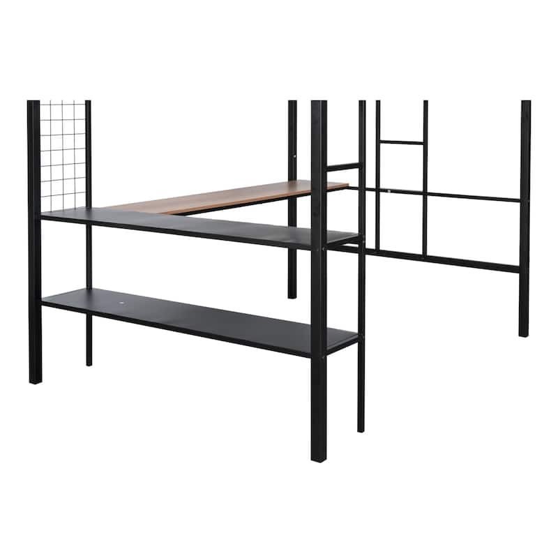 Black Full Size Metal Loft Bed with Desk and Shelves
