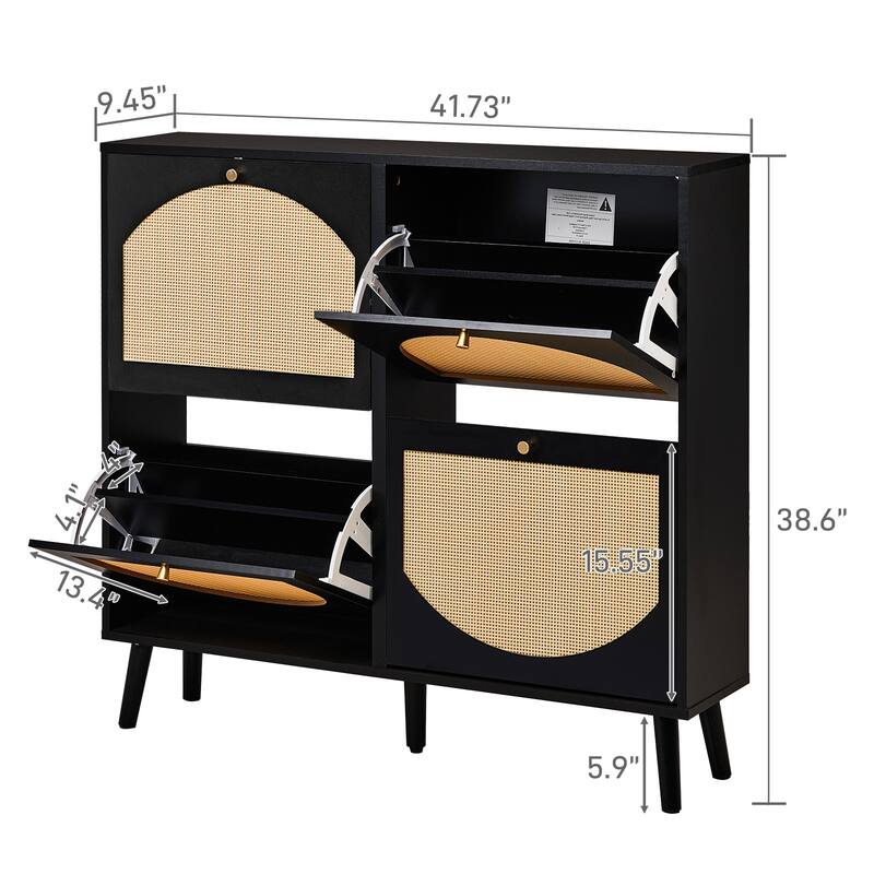 Space-Saving Black Shoe Cabinet with Dual-Tier Flip Storage and Breathable Rattan Panels - 41.34” (L) x 9.45” (W) x 38.58” (H)