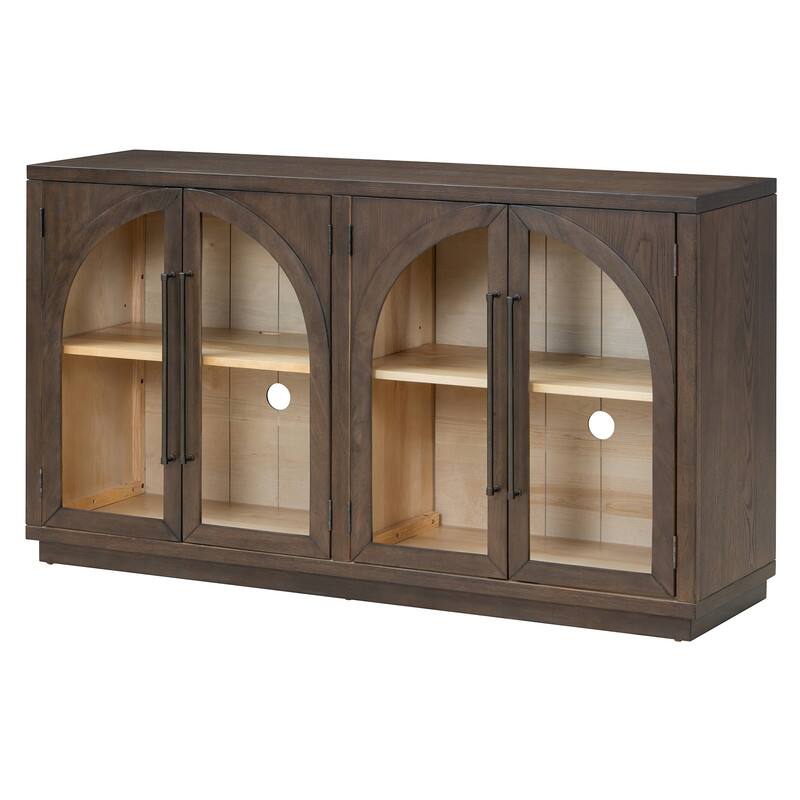 Retro Style Wood Buffet Sideboard with 4 Arched Glass Doors, Kitchen Storage Side Cabinet with Adjustable Shelves