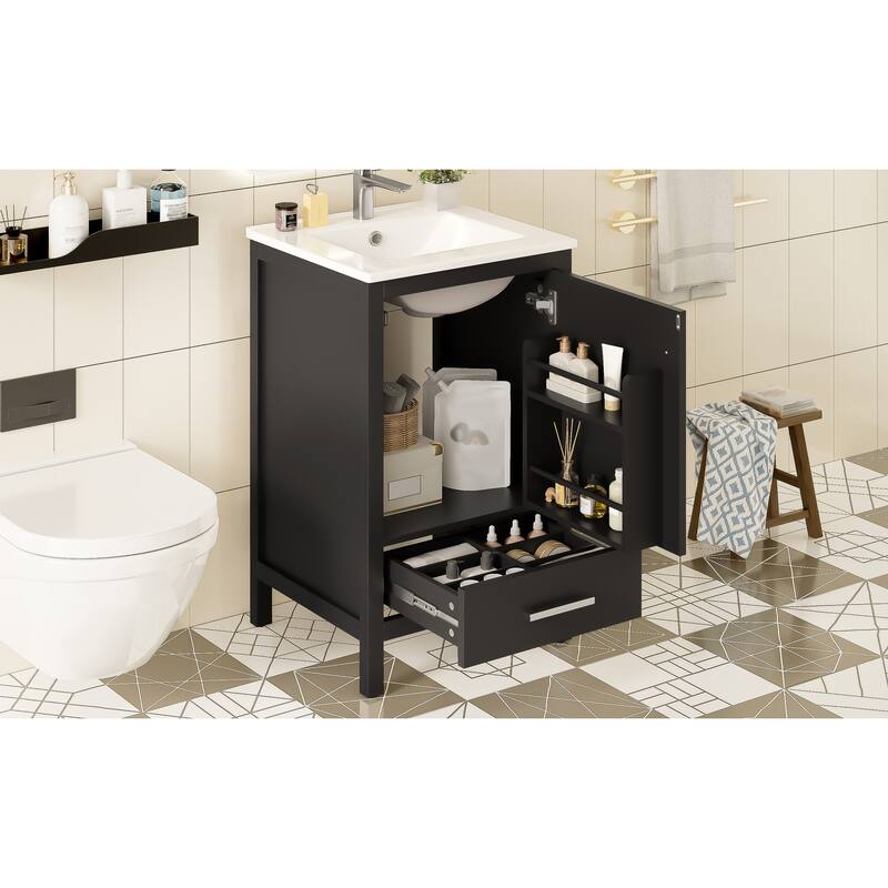 Roomfitters 20" Modern Bathroom Vanity with Ceramic Sink, Soft-Close Drawer and Door, Divider Drawer, Storage Rack
