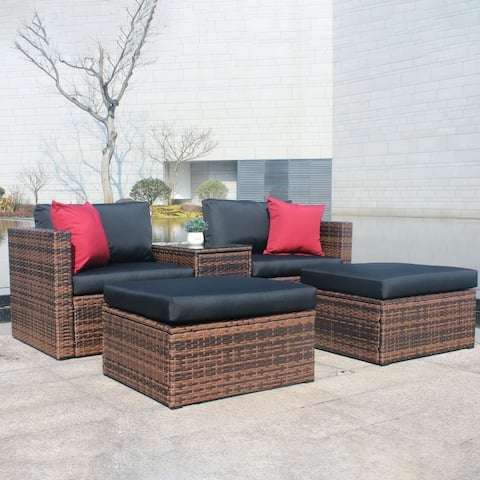 5 Pieces Outdoor Patio Garden Brown Wicker Sectional Conversation Sofa Set with Black Cushions and Red Pillows