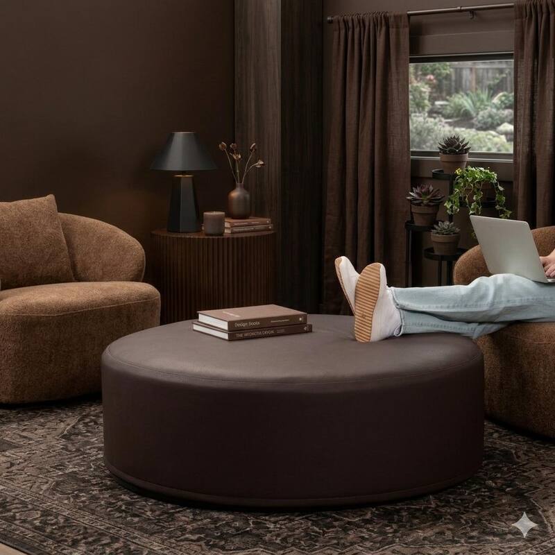 Jaxx Candler Round Couch Ottoman Large Coffee Table & Foot Rest, 44-Inch - Faux Leather Chocolate