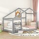 preview thumbnail 15 of 18, Twin Size Floor Platform Wooden House Bed with Roof and Shelf for Kids