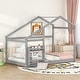 preview thumbnail 1 of 7, Wooden Twin Size House Bed Frame with Roof & Shelf, Twin Montessori Floor Bed for Kids, Solid Wood Slats, No Box Spring Needed Gray - Twin