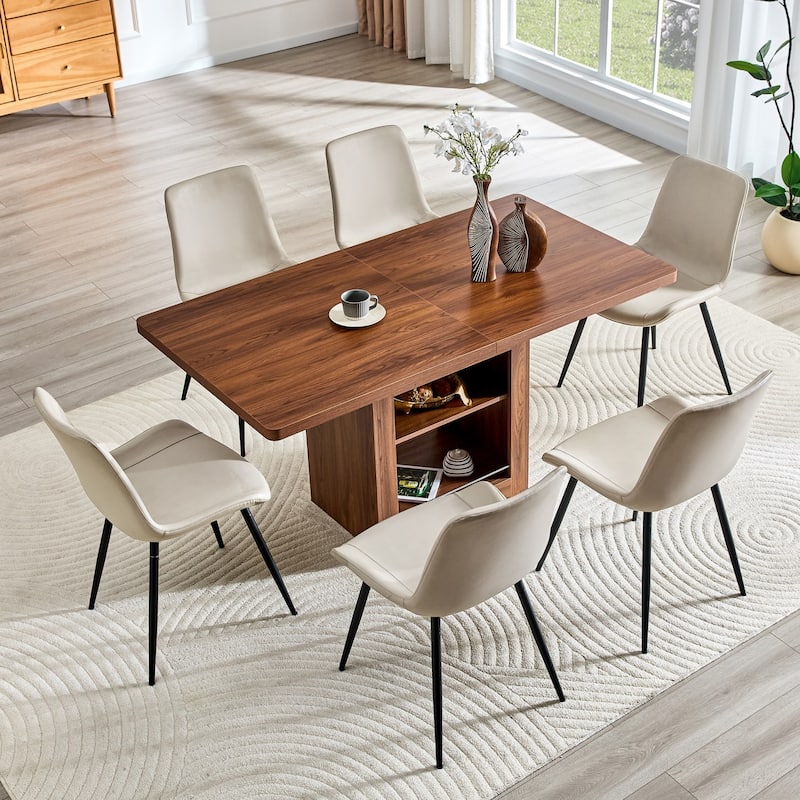 7-Piece Set, 59-71" Extendable Dining Table with PU Upholstered Dining Chairs - Walnut