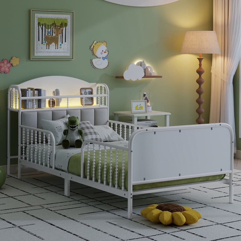 Kids Platform Bed Metal Frame with Linen Fabric Upholstered Storage Headboard Built-in Light Strip, Both Sides Rails - White - Twin