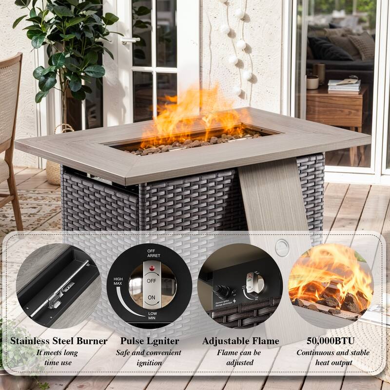 Outdoor Rectangular Fire Pit Table with 2 Patio Chairs