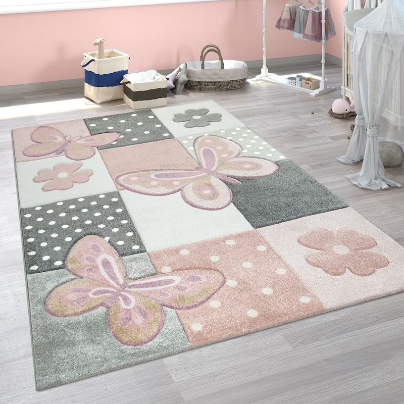 Kids Room Rug with Butterflies and pink Flowers in Pastel Colors - 6'7" x 9'6"