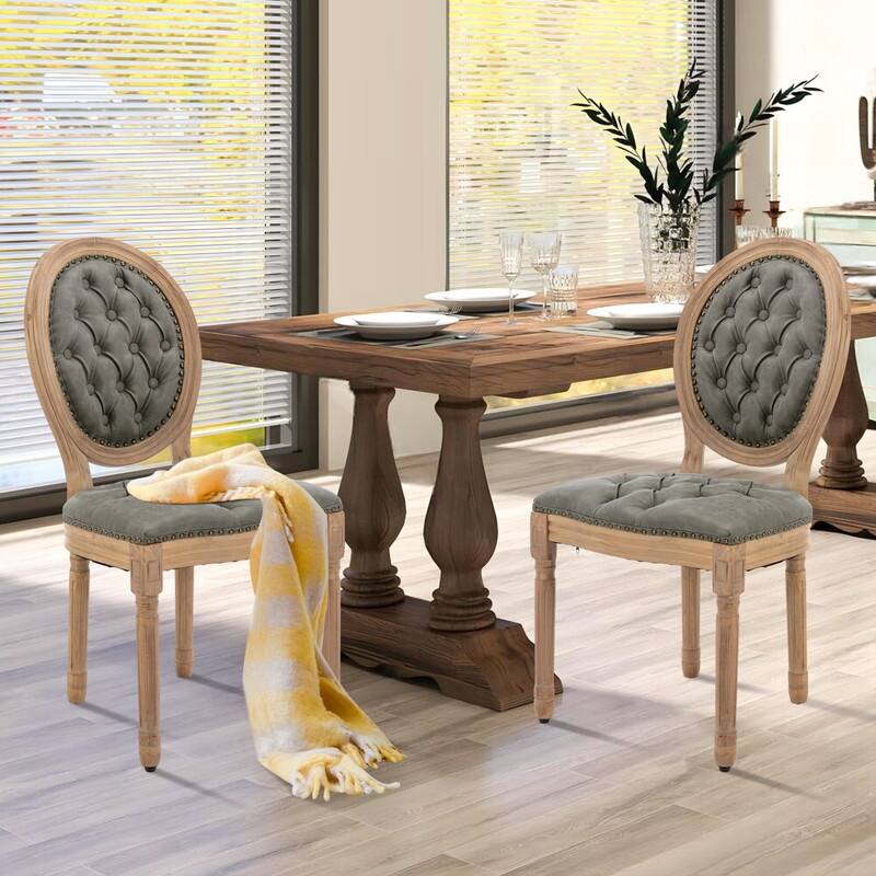 French Chair Dining Chair Solid Wood with Nailhead Trim Set of 2 - Olive Green Leather