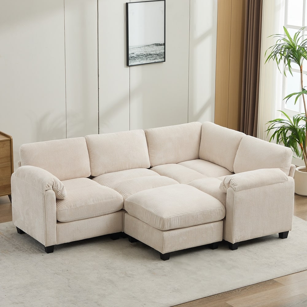 5-Seater Corduroy Sectional Sofa, Removable Ottoman, Modular Design