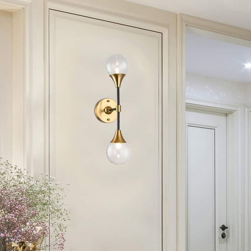 2 Light Black and Gold Metal Wall Sconces with Clear Glass Shades