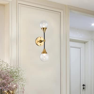 2 Light Black and Gold Metal Wall Sconces with Clear Glass Shades
