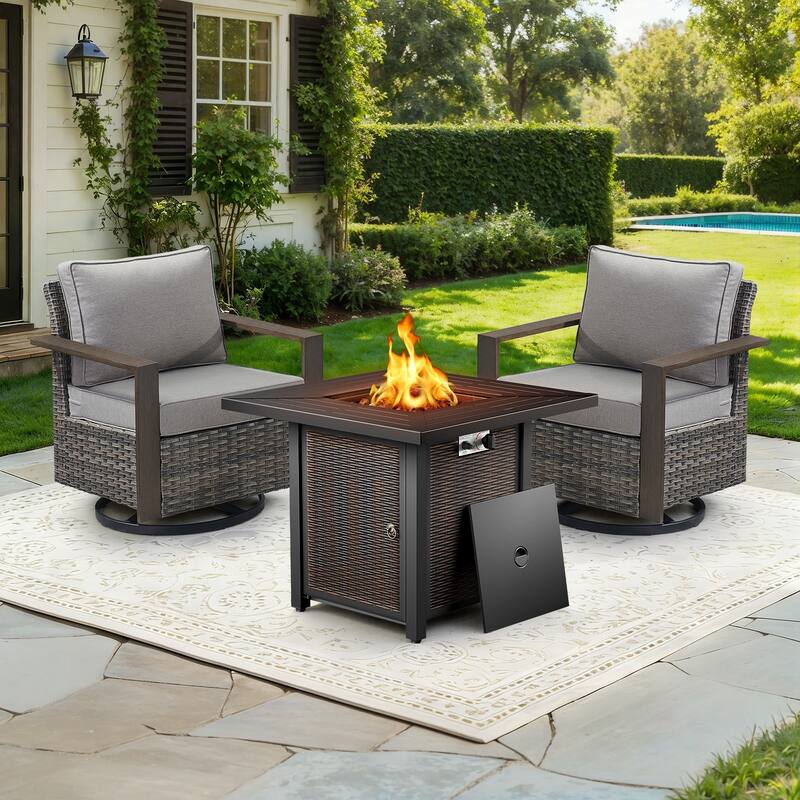 Meyreso 3-Piece Wicker Swivel Glider Metal Fire Pit Set with Plush 4.5" Olefin Cushions