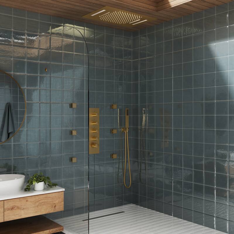 Luxury 4-Spray Patterns 23 in. Ceiling Mount Shower System with Handheld Shower Head, 6 Body Jets, LED, and Music - 15" x 23"