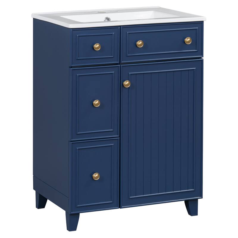 24 Inch Bathroom Vanity Cabinet with Ceramic Sink, 2 Drawers & Door, Bathroom Storage Cabinet Free-standing Single Sink Cabinet