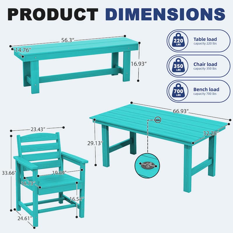 6-Piece HDPE Outdoor Dining Table Sets with Umbrella Hole - 1-Table 4-Chairs-1-Bench