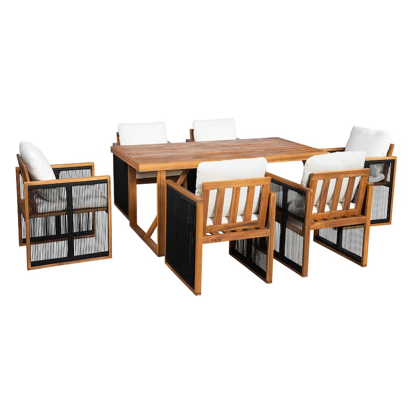 Christopher Knight Home - Modern Outdoor Acacia Wood Dining Set with Cushions and Handwoven Rope Chairs