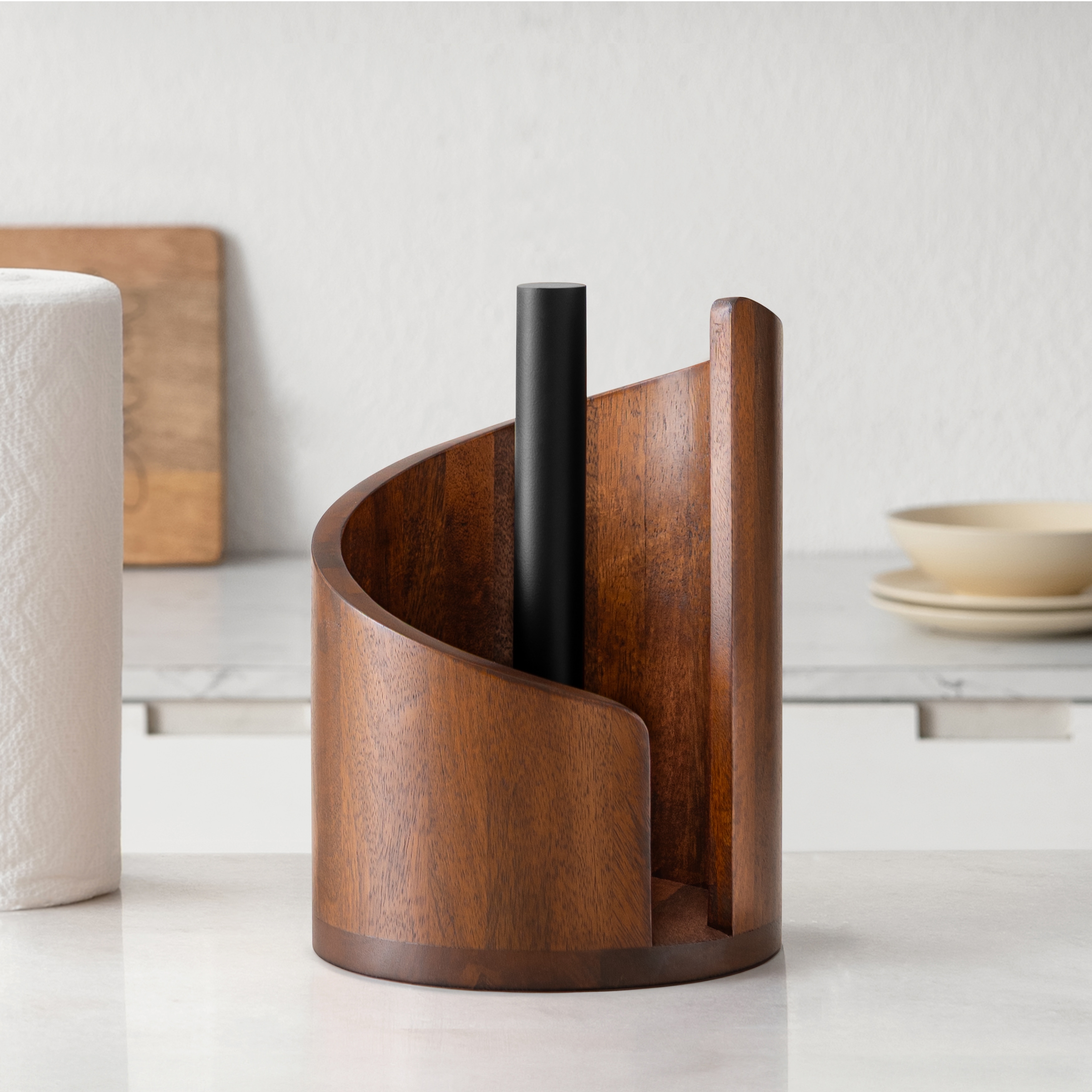 Jani Wooden Paper Towel Holder Stand with Mango Wood Base and Metal Rod - Durable Countertop Kitchen Organizer for Roll Storage