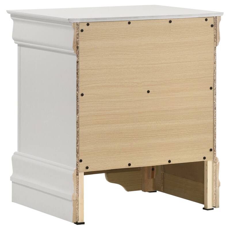 White Transitional 2-Drawer Nightstand with Molded Trim, Bracket Feet, Hanging Pulls and Smooth Glide Drawers