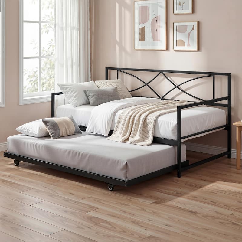Moasis Twin Daybed with Pull Out Trundle, Metal Trundle Bed